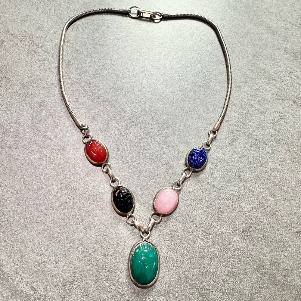 Vintage Scarab Egyptian Multi Semi Precious Gem Stone Necklace